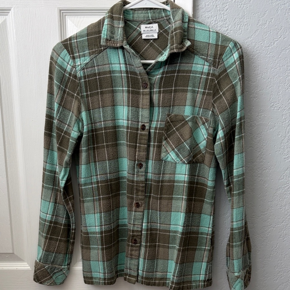 RVCA Teal and Olive Plaid Button Down Shirt